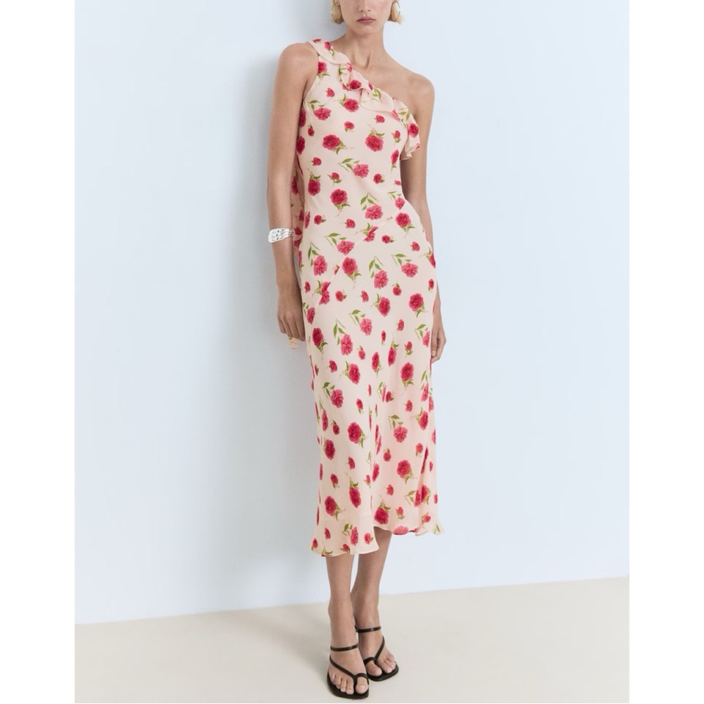 WT Mango floral ruffle one shoulder midi dress